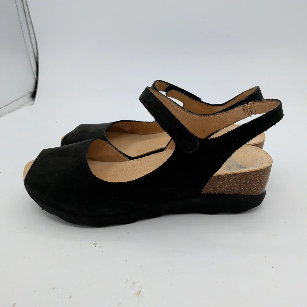 Dansko Marcy Womens 37 Black Leather Peep Toe Wedge Sandals Hook Loop Strap
